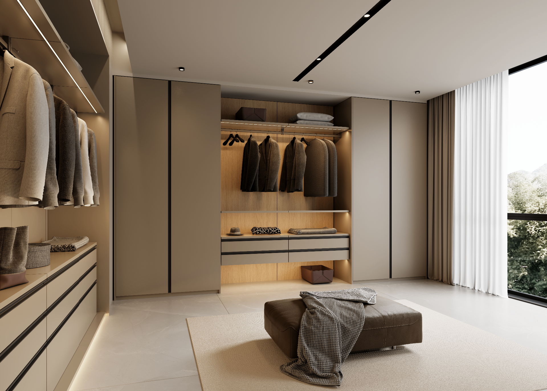 Luxora walk-in dressing room with built-in cabinetry, hanging rods, drawers, and warm accent lighting