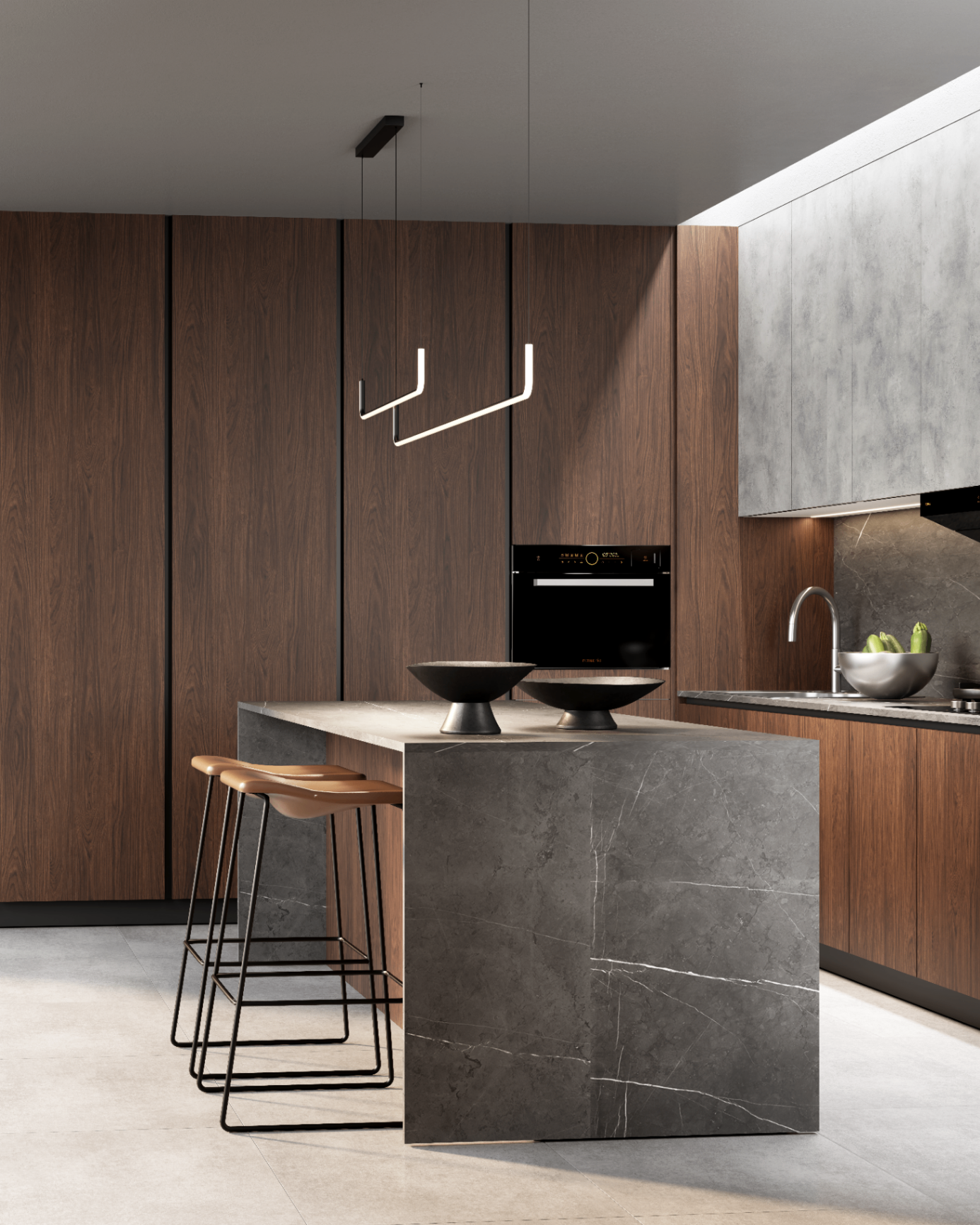 Luxora rich walnut kitchen with marble island and sculptural linear pendant lighting