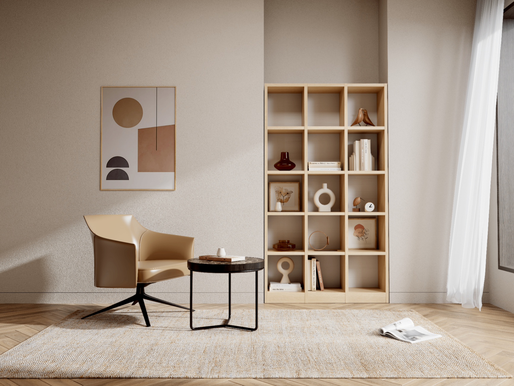 Luxora Arlow tan leather swivel lounge chair with black metal base in a sunlit reading corner