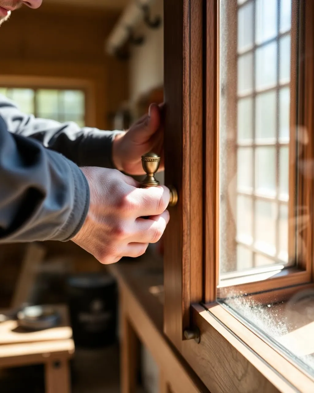 Master craftsman fitting a brass handle on a walnut window frame