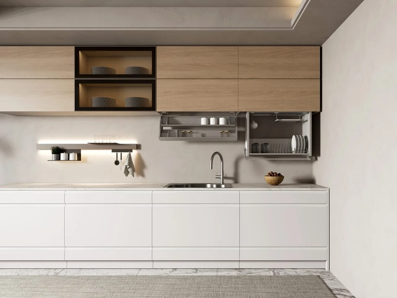 Luxora custom kitchen cabinetry with integrated under-cabinet LED lighting and aluminum-frame glass doors
