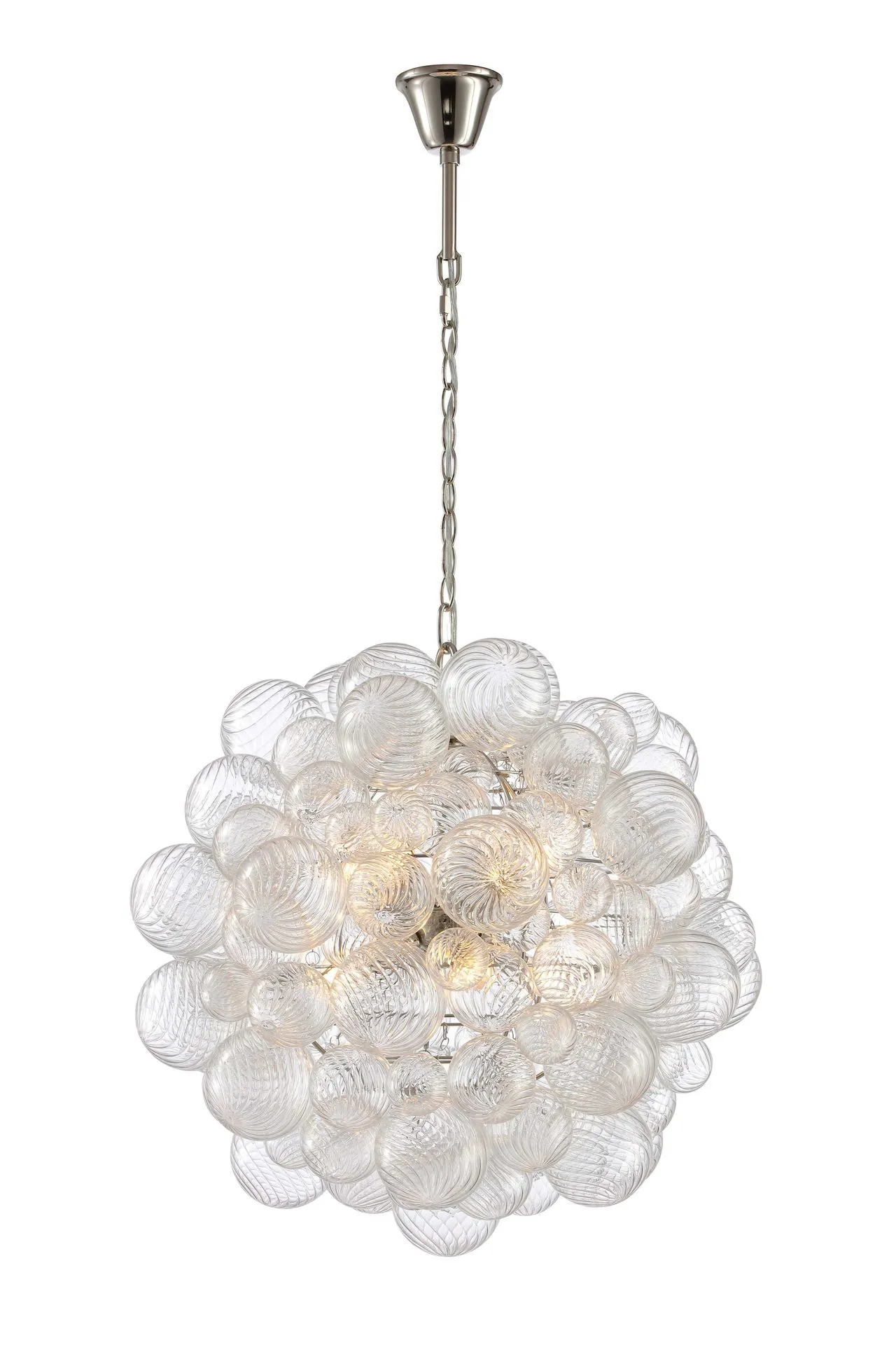 Luxora spiral bubble hand-blown glass chandelier cascading over a dining table
