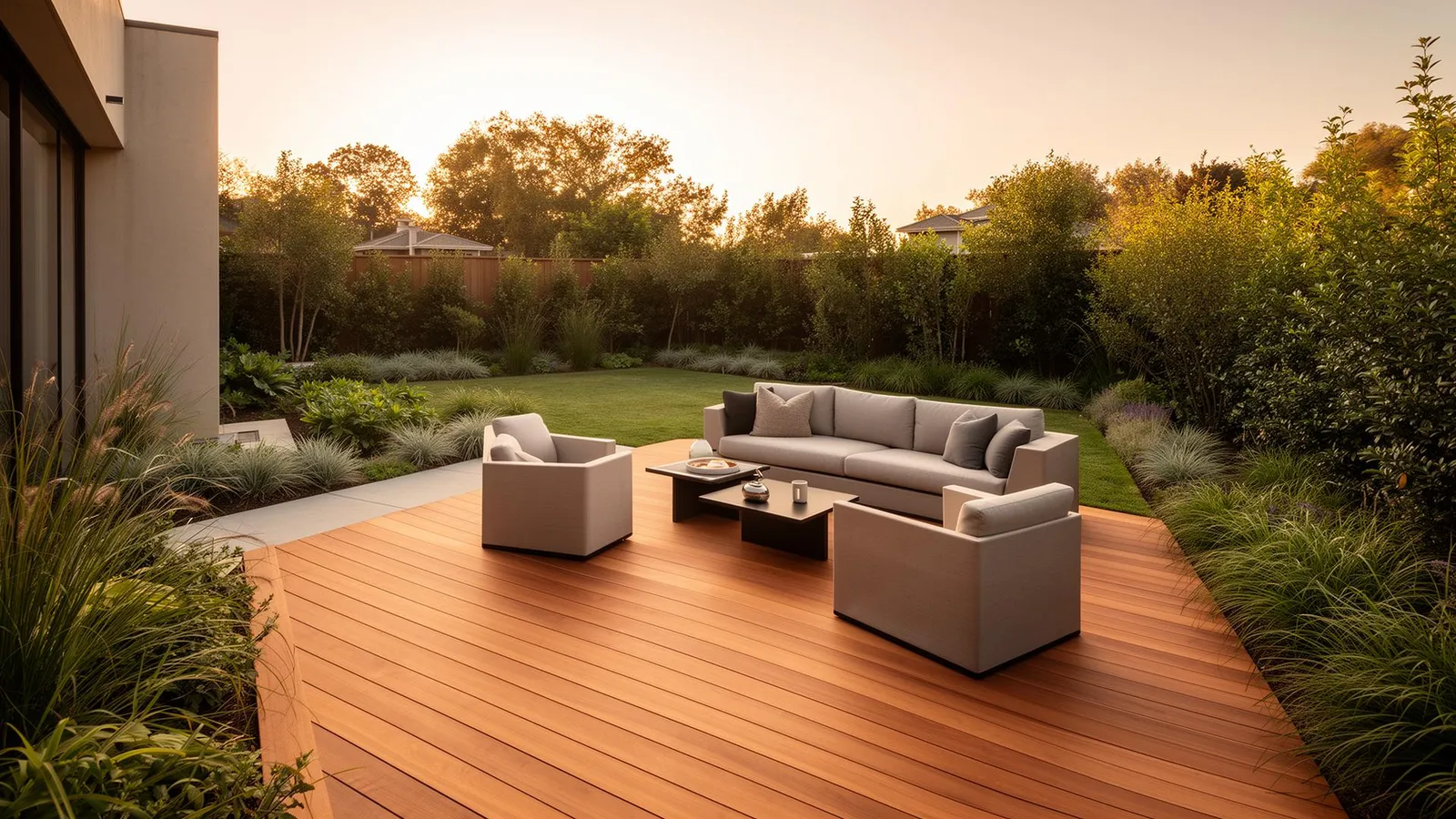 Luxora composite decking installed in a residential garden terrace with pergola overhead