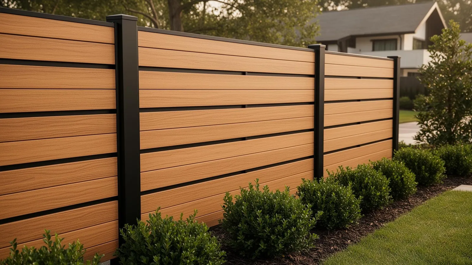 Luxora composite privacy fence with horizontal wood-grain boards and aluminum posts
