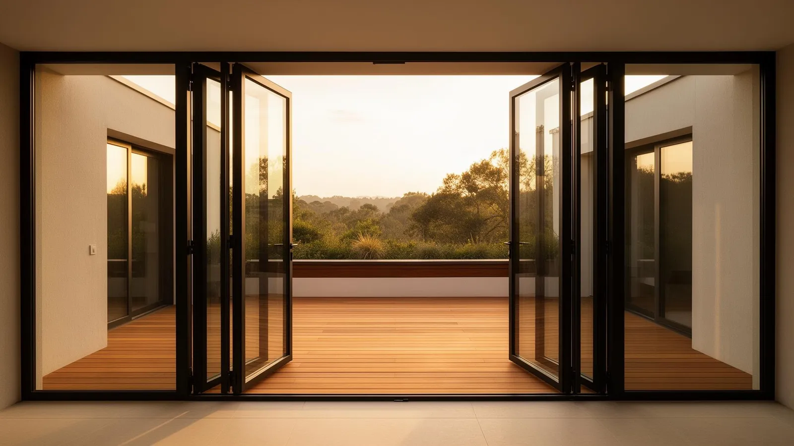 Luxora multi-panel bi-folding aluminum glass door system opening to outdoor patio