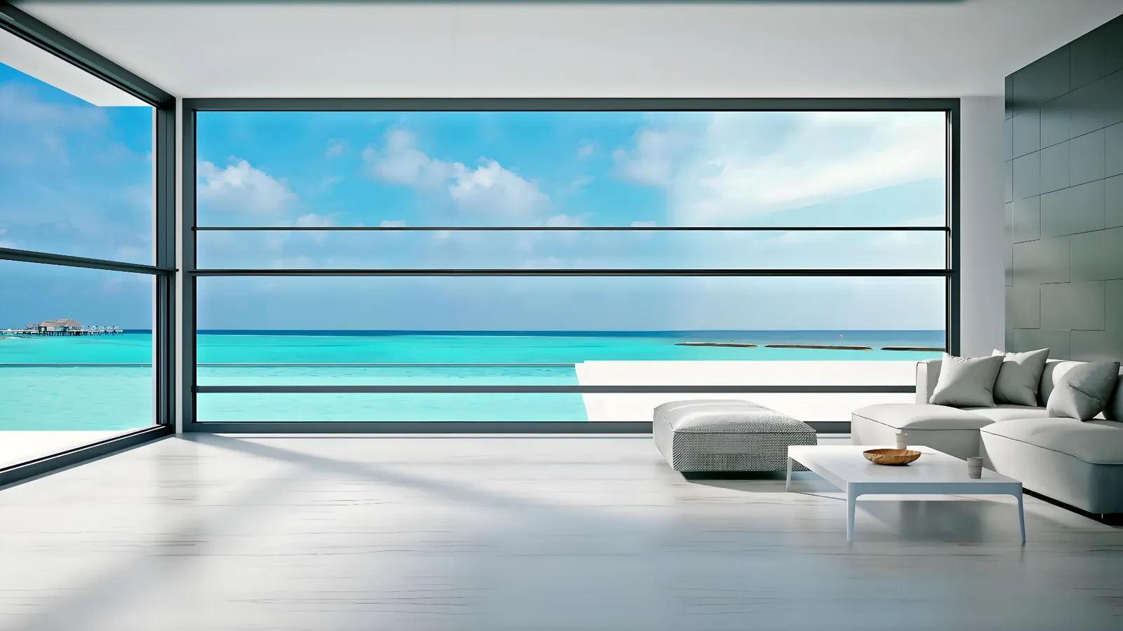 Luxora slim-frame aluminum picture window framing an ocean horizon in a minimalist living room