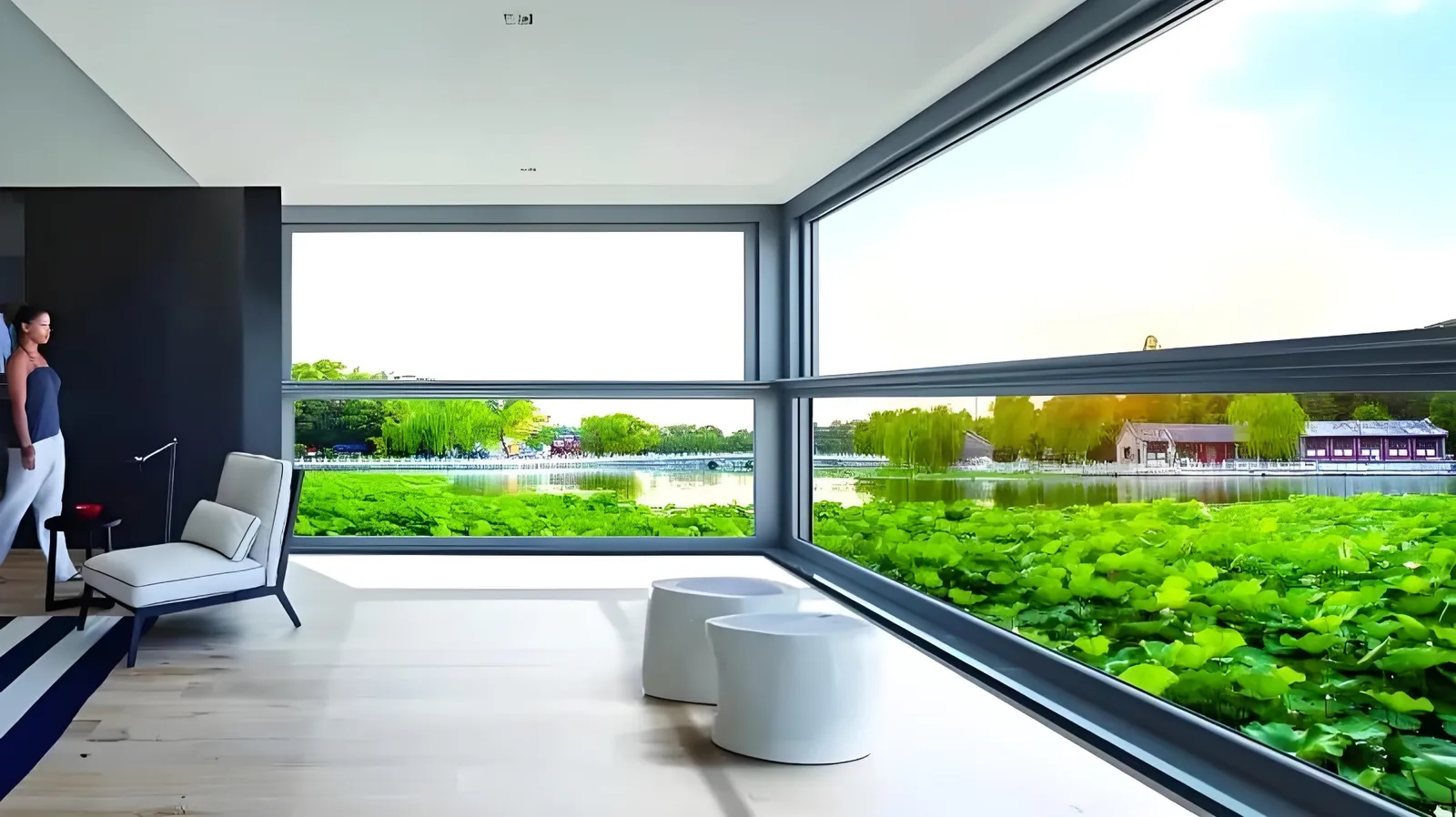 Luxora corner panoramic window with dark aluminum frames overlooking a lake and lush garden