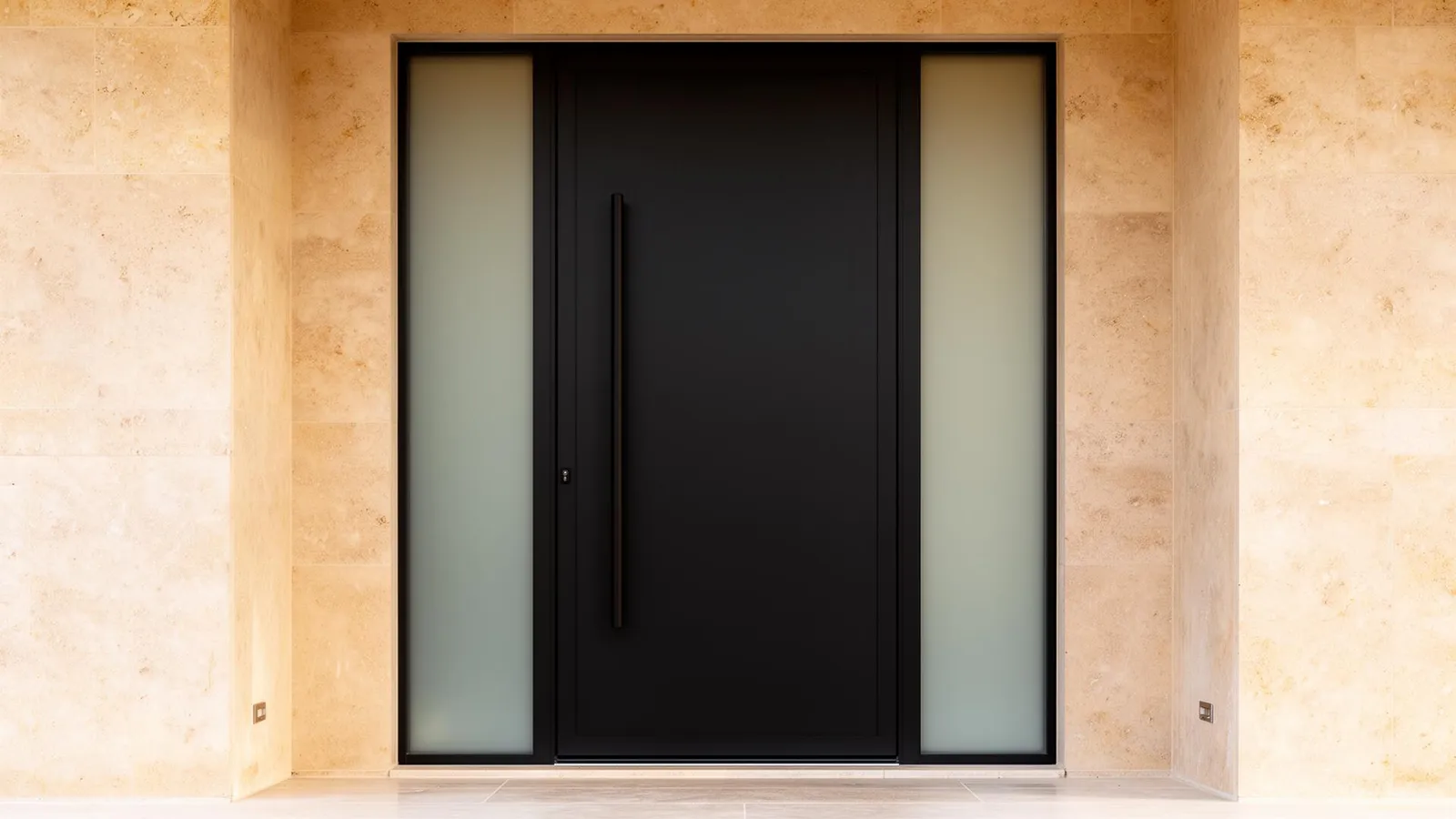Luxora premium architectural entry door with sidelight and transom in dark finish